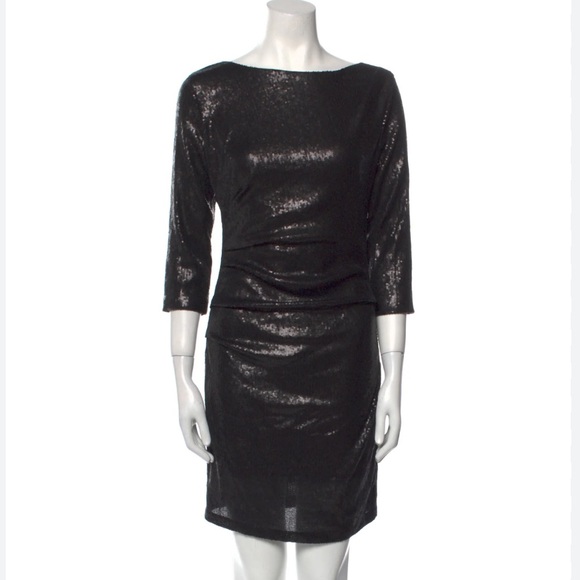 Parker Black Sequin Mini Dress Bateau Neck - Picture 1 of 4